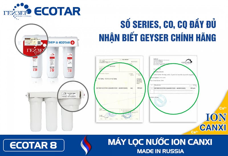 Máy lọc nước Geyser Ecotar 8 có giấy chứng nhận CO, CQ