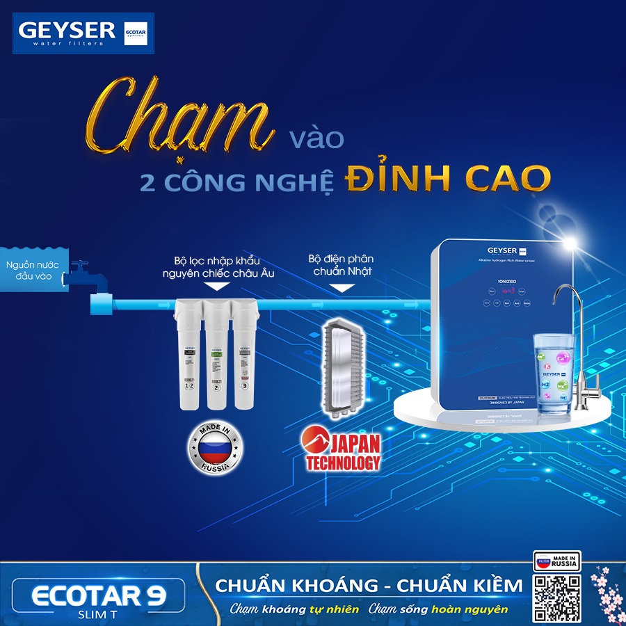 Máy lọc nước ion kiềm Geyser Ecotar 9 Slim T sử dụng công nghệ điện phân chuẩn Nhật